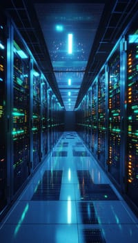A high-angle view of a contemporary data center interior featuring endless rows of meticulously organized server racks. vibrant blue and green led lights illuminate the space, reflecting on the glossy floor, creating a high-tech atmosphere.