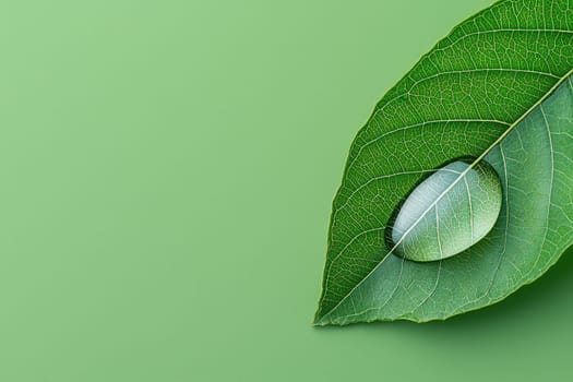 green leaf with water droplet reflecting earth, symbolizing nature beauty and vitality. vibrant colors evoke sense of freshness and tranquility.