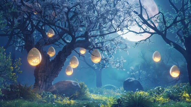 A magical fantasy forest comes alive with large, glowing easter eggs hanging from branches, softly illuminated by moonlight. the serene landscape, enhanced by blooming flora and gentle shadows, evokes a sense of wonder and enchantment.