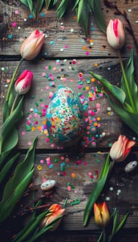 Brightly painted easter egg surrounded by fresh tulips and vibrant confetti on a rustic wooden surface, creating a festive spring atmosphere. ideal for seasonal designs, greeting cards, or holiday decorations with space for text.