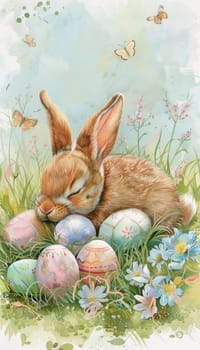 A serene hand-painted scene of a cute bunny peacefully sleeping next to a collection of beautifully decorated pastel easter eggs. surrounding the bunny are delicate spring flowers and butterflies, under a soft, dreamy sky, evoking a sense of tranquility.