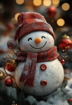 Cartoon snowman in a red hat and scarf. Selective focus.
