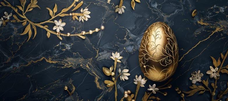 Luxurious easter card features a matte gold egg on polished marble, adorned with intricate gold floral designs. set against a deep navy background, the card exudes elegance and sophistication, perfect for refined easter celebrations.