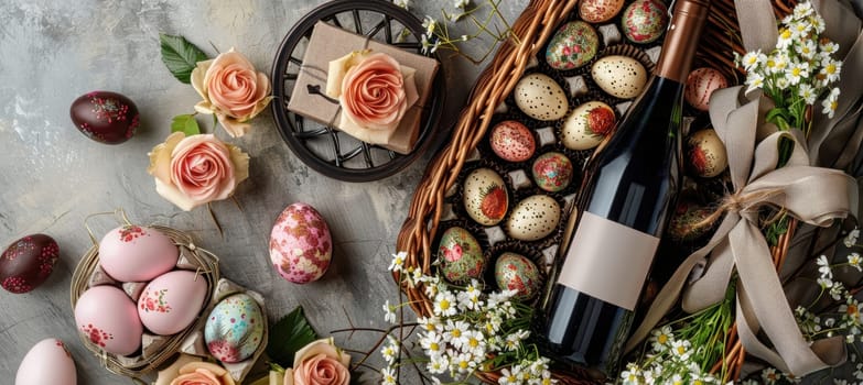 Luxurious easter gift set featuring artisanal chocolates and a bottle of fine wine arranged in a wicker basket. adorned with hand-painted eggs and satin ribbons, complemented by delicate flowers and roses for an elegant presentation.