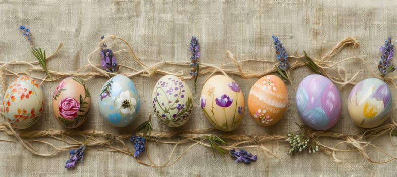 Hand-painted wooden easter eggs are artistically arranged on burlap cloth with sprigs of lavender and wildflowers, creating a rustic and natural ambiance. this banner design brings warmth and nature-inspired charm to holiday decor.