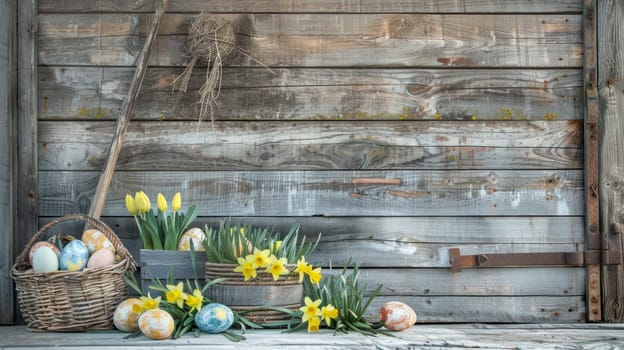 Weathered wooden barn door adorned with pastel easter eggs and woven baskets filled with daffodils and tulips. a cozy, homely atmosphere is complemented by rustic wooden textures, evoking a sense of spring warmth and renewal.