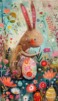 Whimsical scene of a bunny painting a giant easter egg surrounded by vibrant flowers in a colorful field. the playful atmosphere and bright details create a festive and enchanting mood, perfect for holiday card designs and celebration themes.