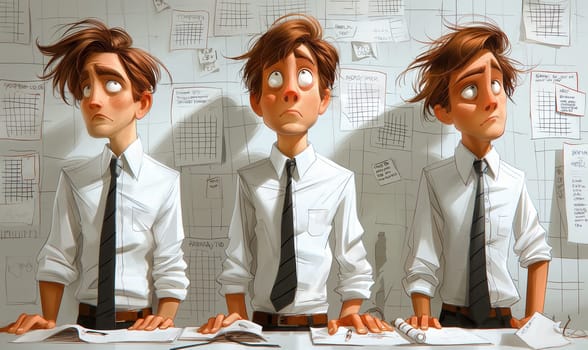 Caricature of tired office worker man in white shirt. Selective focus.