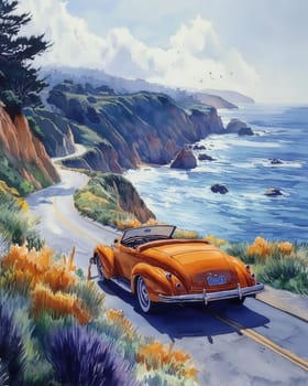 Watercolor of a vintage convertible driving along a winding road along the coast. Selective focus.