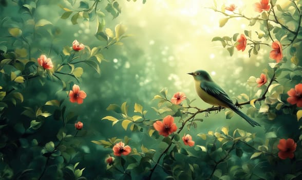 A bird on a branch with flowers in a quiet garden. Selective focus.