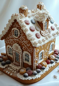 Christmas gingerbread house on white background. Selective focus.