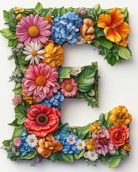 The letter E of colorful flowers on a white background. Selective focus.