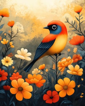 A bird on a branch with flowers in a quiet garden. Selective focus.