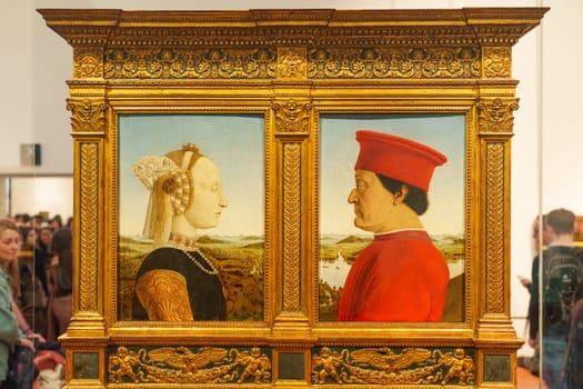 Florence, Italy, January 4, 2024: Federico da Montefeltro and Battista Sforza, duke and duchess of Urbino. Piero della Francesca, painting. Uffizi Gallery, Florence