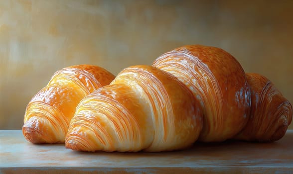Fresh pastries on the table, golden croissants. Selective focus.