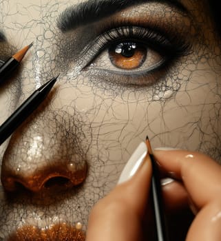 Creating abstract portrait of female face. Selective focus.