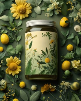 A jar of herbal mix amidst a variety of flora against a green background. Selective focus.
