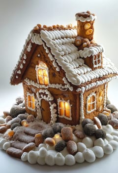 Christmas gingerbread house on white background. Selective focus.