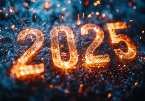 The text 2025 on an abstract dark background. Selective focus.