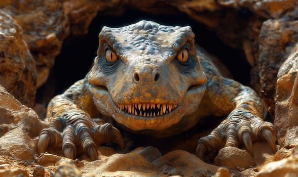 A menacing dinosaur destroys a stone wall, climbing out of it. Selective focus.
