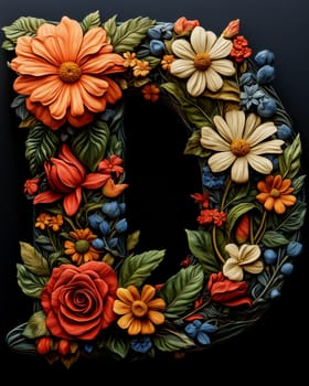 Letter D made of colorful flowers on a dark background. Selective focus.