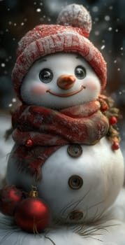 Cartoon snowman in a red hat and scarf. Selective focus.