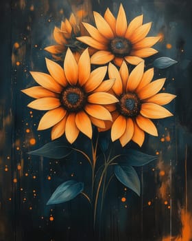 Watercolor, sunflowers on a dark background, vintage style. Selective focus.