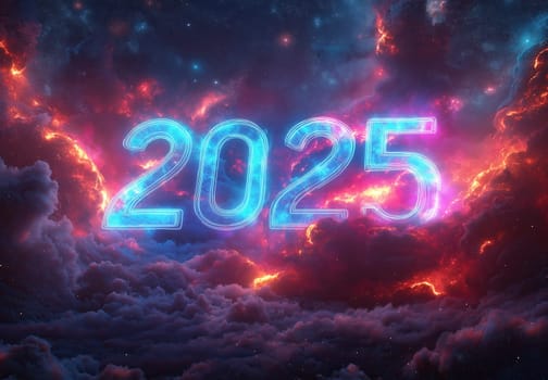 The text 2025 on an abstract dark background. Selective focus.