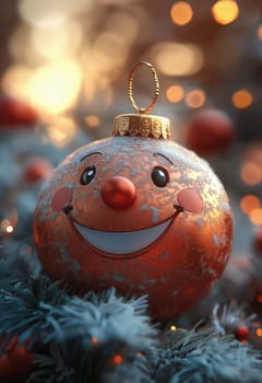 Cartoon Christmas tree toy red ball with a smiling face. Selective focus.