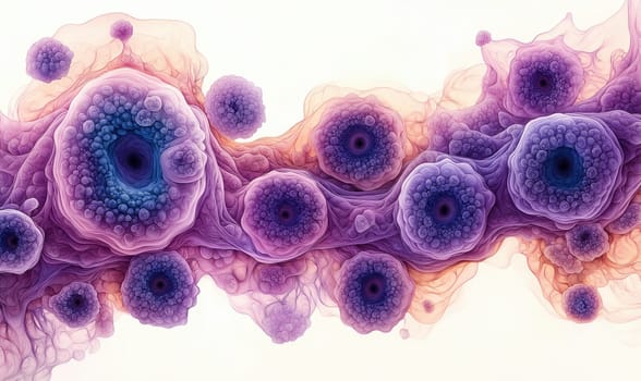 Watercolor background, various cells showcasing intricate details. Selective focus.