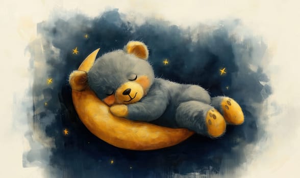 Cartoon bear sleeping on a moon on a blue background. Selective focus.