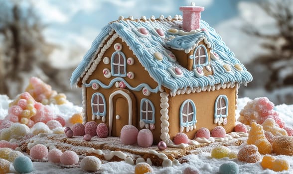 Christmas gingerbread house on an abstract background. Selective focus.