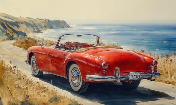 Watercolor of a vintage convertible driving along a winding road along the coast. Selective focus.