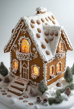 Christmas gingerbread house on white background. Selective focus.