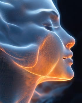 Optical illusions female face with glowing features. Selective focus.