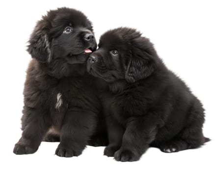 Sitting puppies of black Newfoundland dog isolated on white background. Two puppies of Newfoundland . Ai generated image