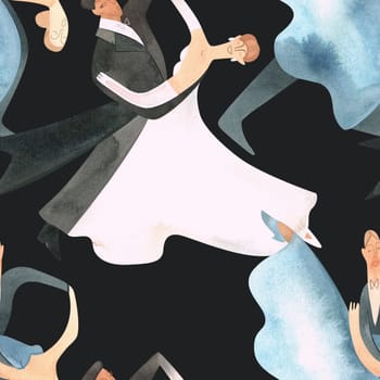 Ballroom dancing, standard. Adult couples on the parquet. Isolated watercolor illustration. Seamless pattern. Black background.