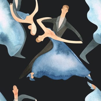 Ballroom dancing, standard. Adult couples on the parquet. Isolated watercolor illustration. Seamless pattern. Black background.