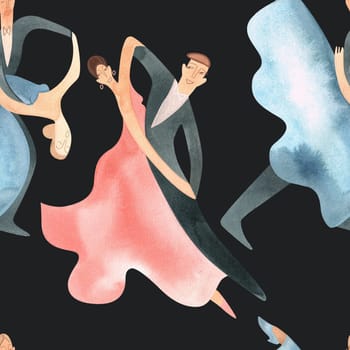 Ballroom dancing, standard. Adult couples on the parquet. Isolated watercolor illustration. Seamless pattern. Black background.
