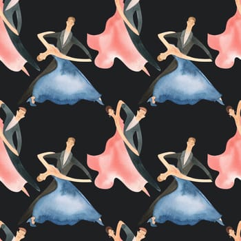 Ballroom dancing, standard. Adult couples on the parquet. Isolated watercolor illustration. Seamless pattern. Black background.