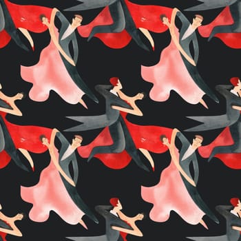 Ballroom dancing, standard. Adult couples on the parquet. Isolated watercolor illustration. Seamless pattern. Black background.