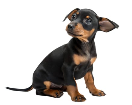Doberman puppy sitting on white background. Doberman Pinscher isolated on white background. Cute black puppy. Pedigree dog. Doberman. High quality photo