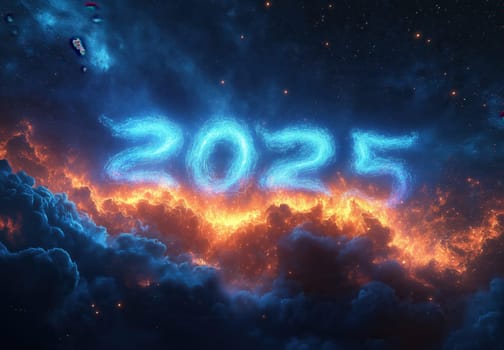 The text 2025 on an abstract dark background. Selective focus.