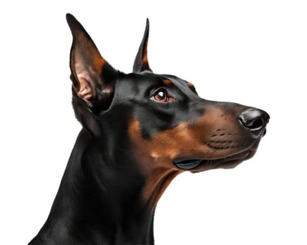 Doberman pincher portrait, isolated on white background. Doberman pincher headshot. Ai generated image