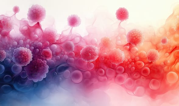 Watercolor background, various cells showcasing intricate details. Selective focus.
