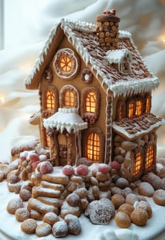 Christmas gingerbread house on white background. Selective focus.