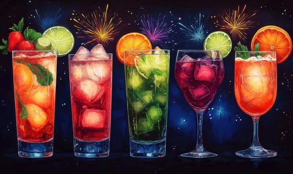 Illustration of cocktails with fireworks in the background. Selective focus.