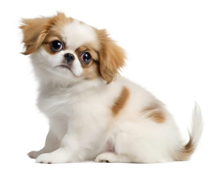 Japanese Chin puppy isolated on white background. Japanese Chin puppy sitting and looking at camera on white. Ai generated image
