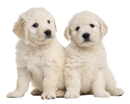 Komondor (Hungarian sheepdog) puppies isolated on white background. Komondor puppies sitting and looking at camera on white. Ai generated image