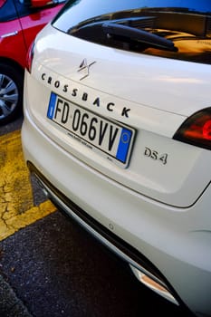 Cremona, Itally - October 6th 2024 White ds 4 crossback parked on the street, highlighting its design and branding from the rear view